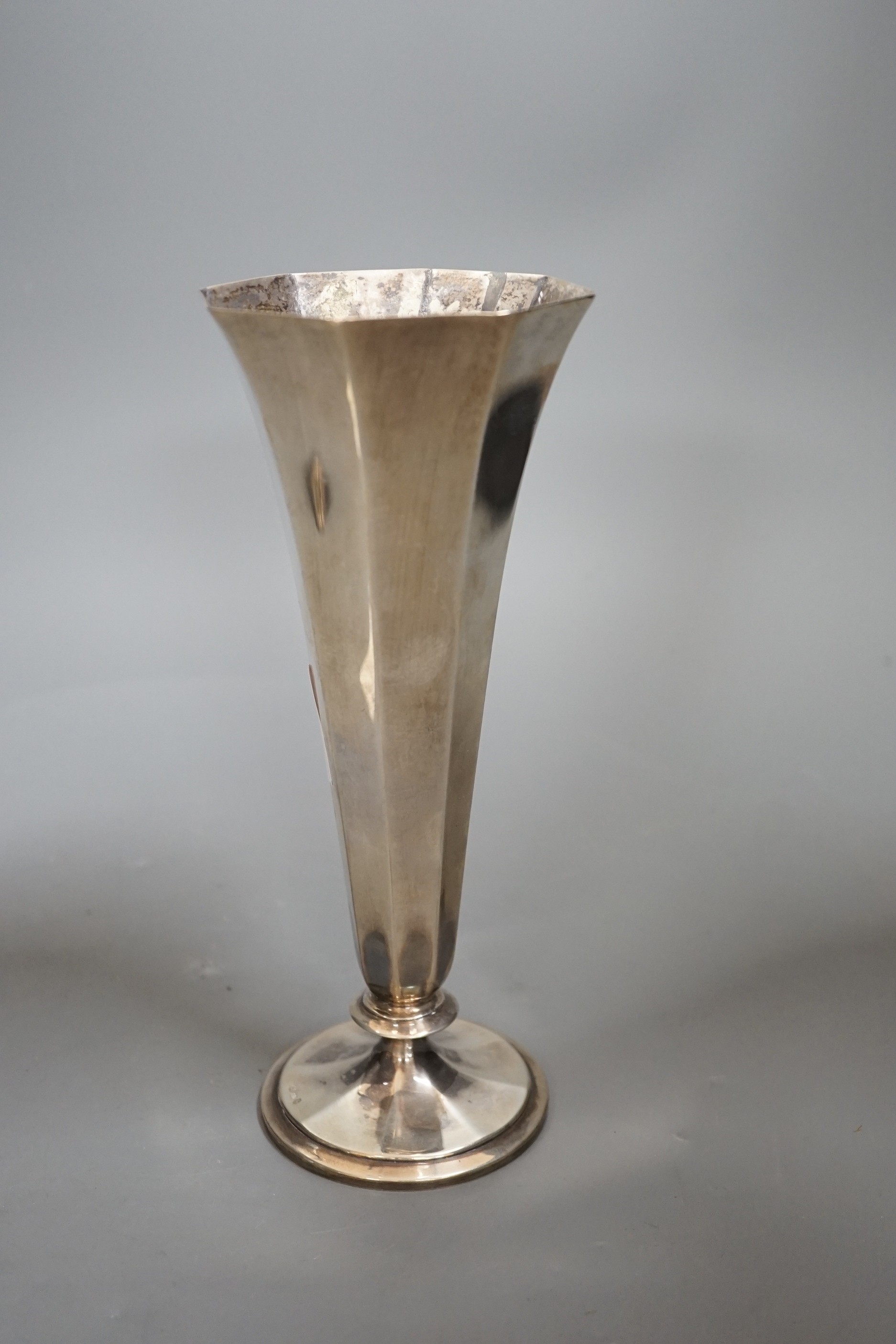 A German 800 standard white metal flared hexagonal specimen vase, 22.1cm, weighted.